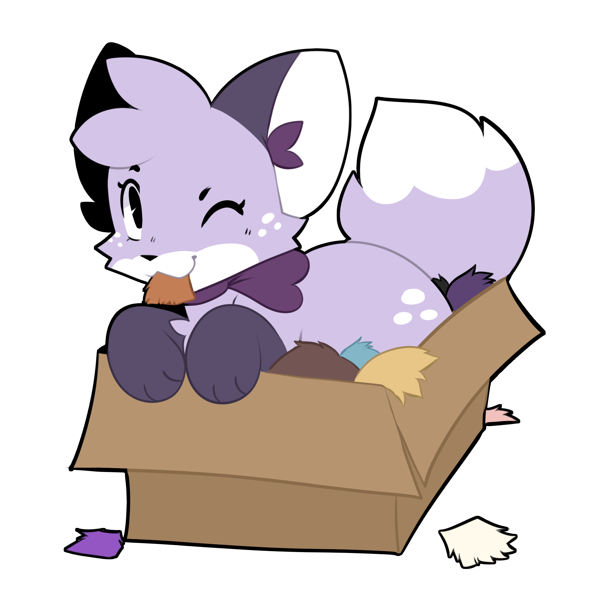 Foxy sitting in a box of colorful faux-fur swatches